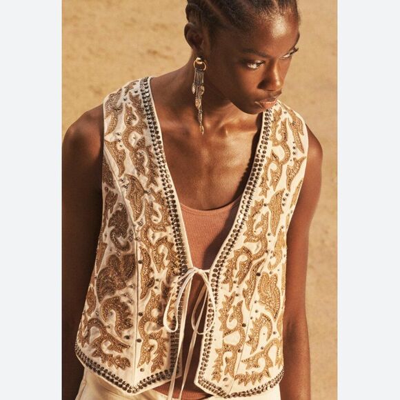 Zara Tops - Zara Womens Vest Large S Ecru Embroidered Studded Limited Ed 7521/101 NWT